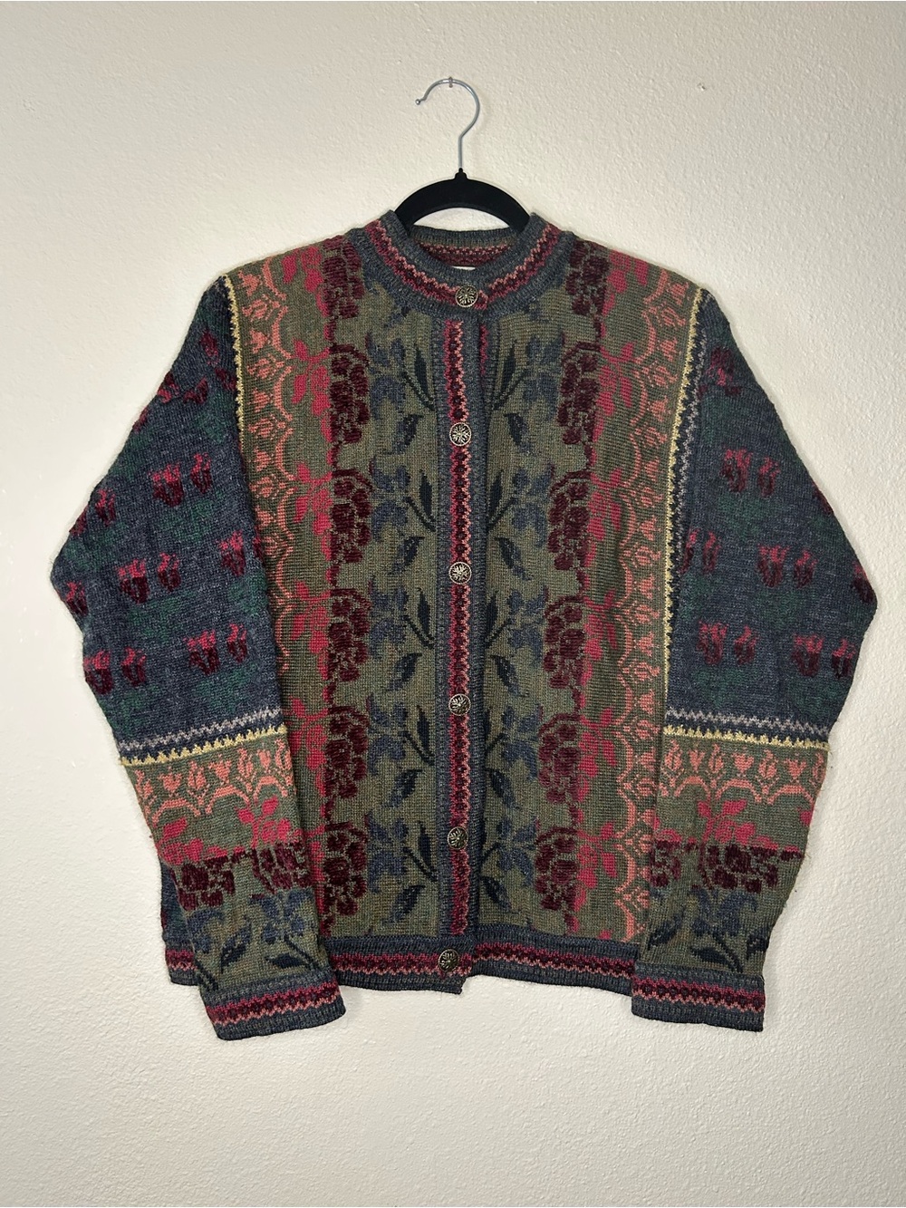 Cherry Lewis Sweater Womens Medium Wool Blend Floral Cardigan Tapestry Vintage